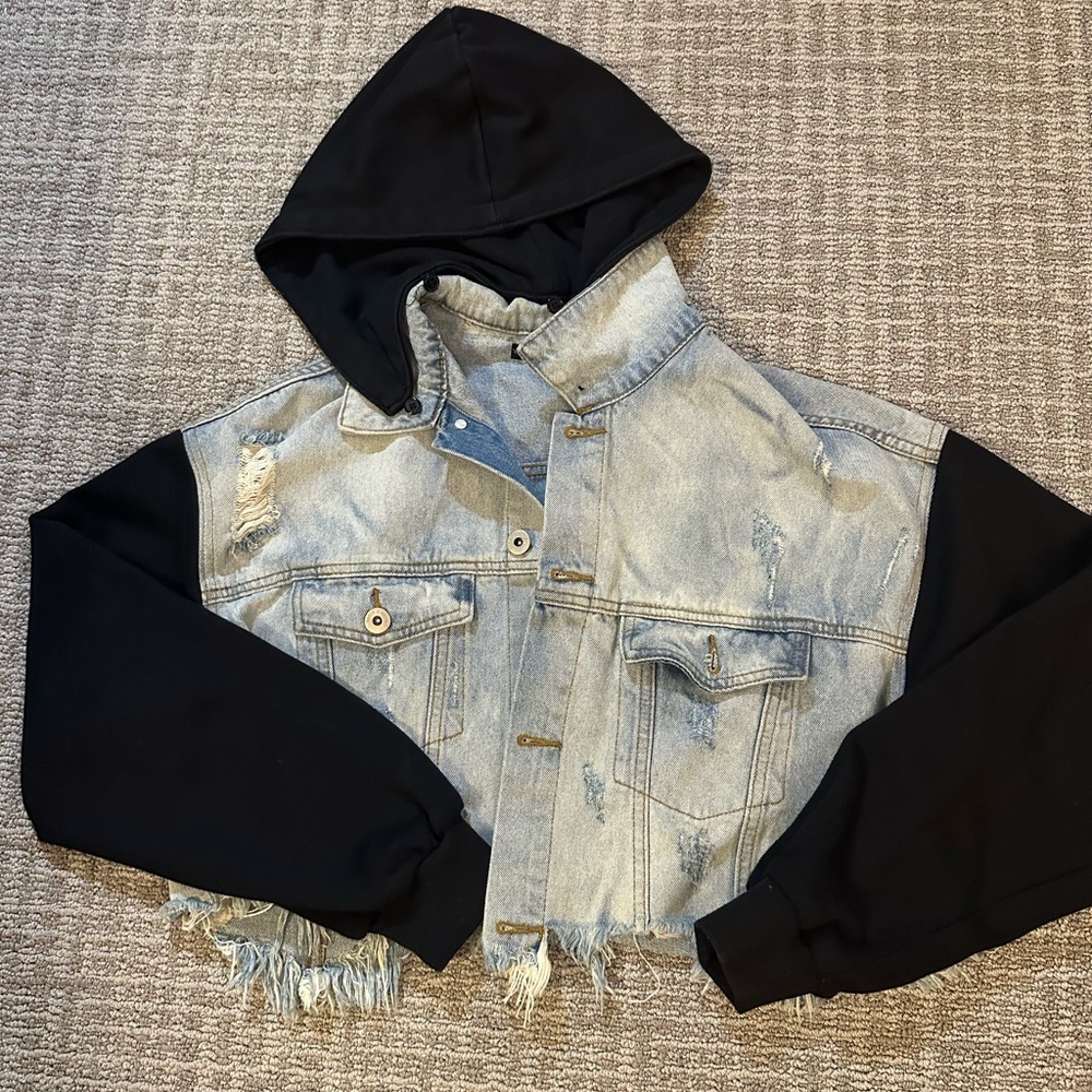 Brooklyn Karma Cropped Distressed Denim and Black Cotton Jacket Womens Size S